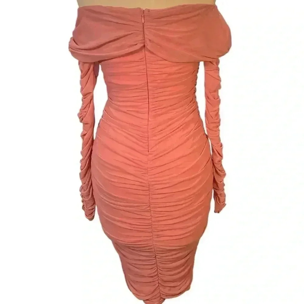 Fashion Nova Ready In A Ruched Off Shoulder Midi Dress - Pink Size Large - Picture 7 of 11